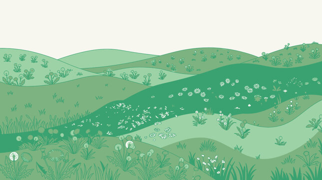 Ilustraci&oacute;n vectorial de un paisaje de colinas verdes con flores silvestres y hierba en un estilo gr&aacute;fico plano y minimalista ideal para fondos de dise&ntilde;o natural