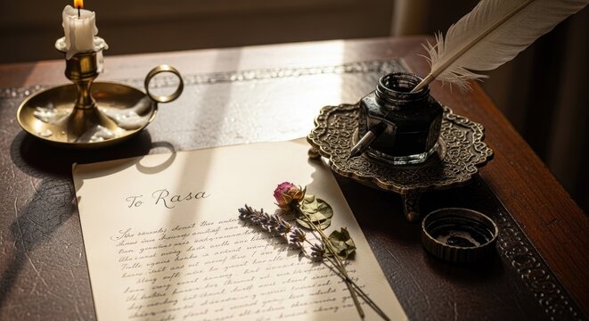 Vintage desk with quill pen, inkwell and old letter.