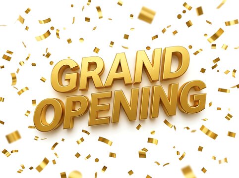 Golden grand opening celebration text with confetti perfect for business events and promotions