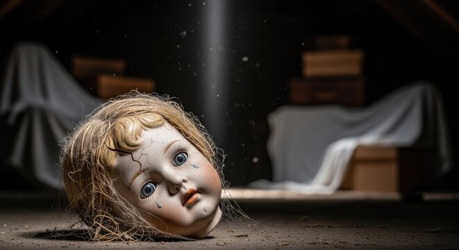 Creepy vintage doll head on a dark attic floor.