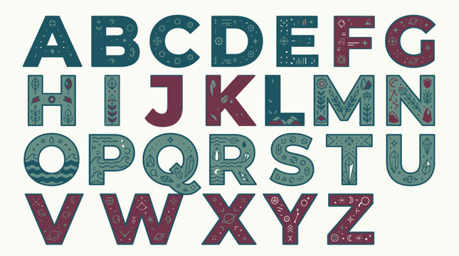 Alfabeto completo com letras mai&uacute;sculas decoradas com padr&otilde;es geom&eacute;tricos e bot&acirc;nicos em tons de azul-petr&oacute;leo e vinho, ideal para design gr&aacute;fico e projetos criativos.