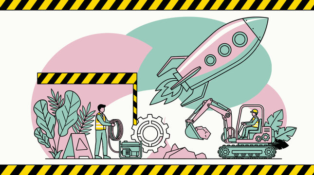 Ilustraci&oacute;n vectorial plana de trabajadores de construcci&oacute;n operando maquinaria pesada con un cohete despegando en un sitio de obra industrial con elementos de dise&ntilde;o gr&aacute;fico creativo.