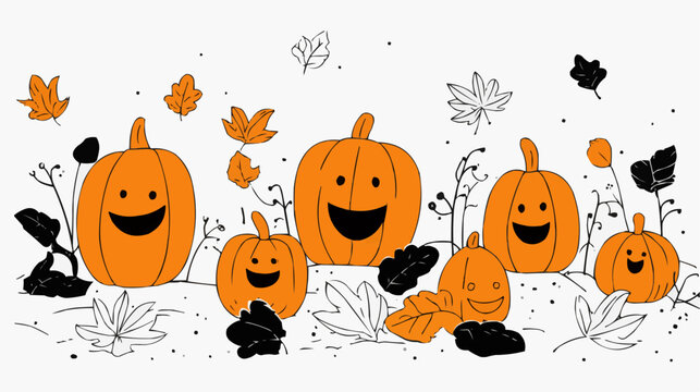 Happy orange pumpkins with smiling faces and autumn leaves falling around them creating a cheerful and festive seasonal feeling