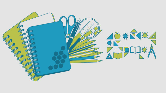 Eine flache Vektorillustration mit Schulbedarf wie Notizb&uuml;chern, Stiften, Linealen und Scheren auf einem hellgrauen Hintergrund, ideal f&uuml;r Bildungsthemen und Back-to-School-Designs.