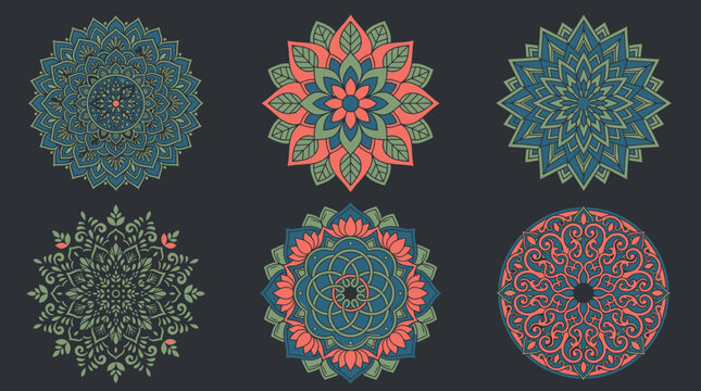 Colecci&oacute;n de seis mandalas decorativos con dise&ntilde;os geom&eacute;tricos y florales intrincados en tonos azul, verde y coral sobre un fondo oscuro, ideales para proyectos de dise&ntilde;o gr&aacute;fico y arte espiritual.