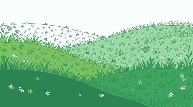 Ilustraci&oacute;n vectorial de un paisaje de colinas verdes con flores silvestres, hierba y mariposas en un estilo art&iacute;stico plano y minimalista con espacio para texto en la parte superior.