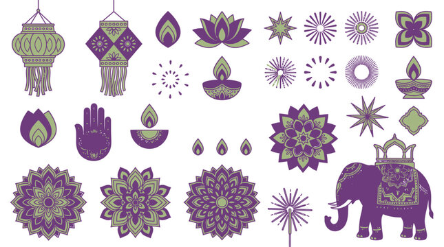 Eine Sammlung von indischen Diwali-Elementen mit Mandalas, Elefanten, &Ouml;llampen, Lampions und Hamsa-Symbolen in einer eleganten violetten und gr&uuml;nen Farbpalette auf wei&szlig;em Hintergrund.