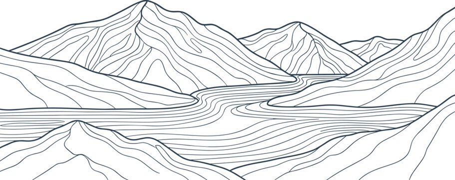 Hand drawn Mountain line arts illustration. Abstract mountain contemporary aesthetic backgrounds landscapes. One continuous line drawing of mountain range landscape. Top view of mounts in simple linea