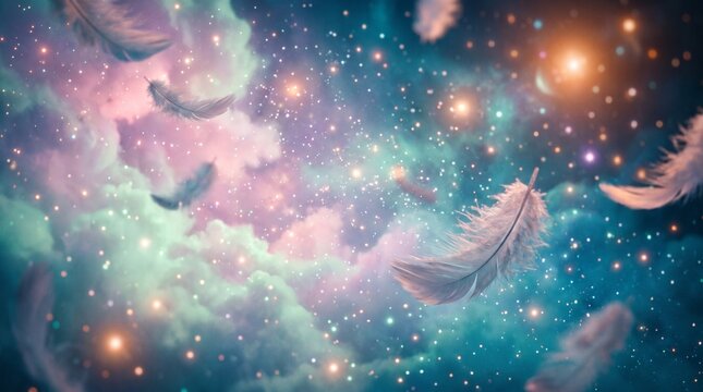 Dreamy magical sky background with soft white feathers floating among glowing stars and pastel colorful clouds