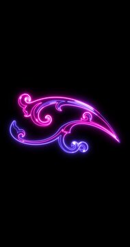 Vertical Neon Floral Scroll Ornament Animation Elegant Glowing Decorative Flourish on Dark Background 4k.