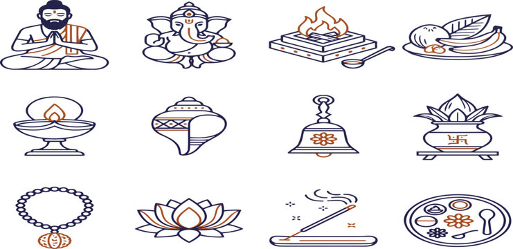 Sacred Havan Kund Holy Fire Vector, Ganesha Shiva Lingam and Temple Bells Set