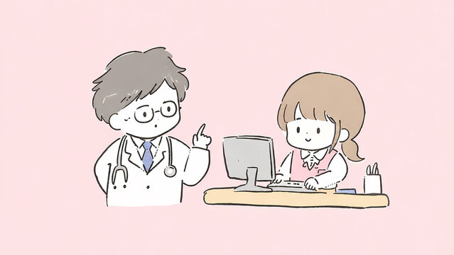 Doctor and medical receptionist working at clinic, cute healthcare illustration