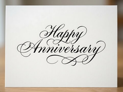 Elegant happy anniversary card with beautiful cursive writing on white background perfect for celebrations