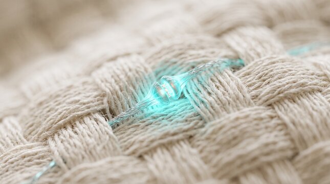Extreme macro close-up of a glowing cyan fiber optic thread woven into a natural textured fabric representing smart textiles and wearable technology