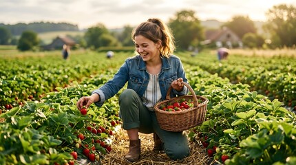 Fototapeta premium A woman crouches in a strawberry field, smiling as she picks ripe strawberries. It is late afternoon, and other people can be seen harvesting in the background