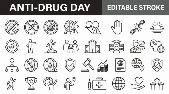 Set of editable stroke anti-drug day related icons in black on white