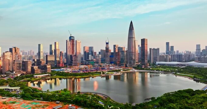 Aerial view of modern skyscrapers in the financial district and urban park in Shenzhen, China