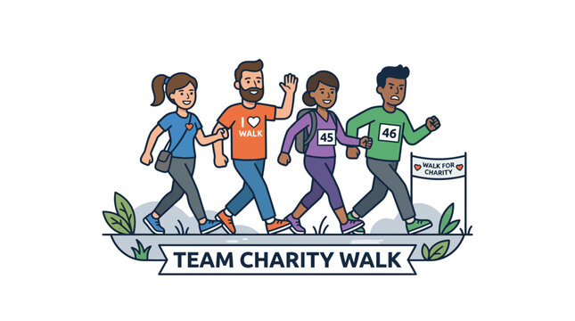 Diverse group of people participating in a team charity walk, raising awareness and funds.