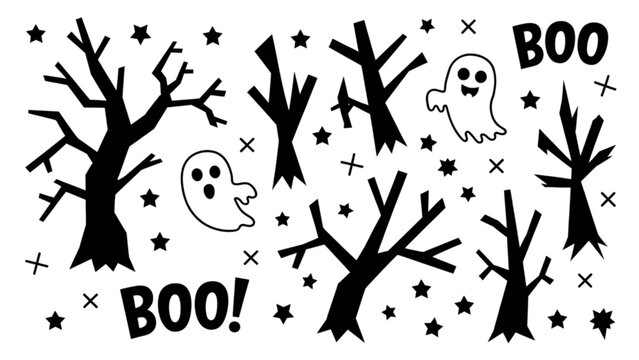 Creepy ghostly hands reaching from dark tree branches with spooky boo text Vector