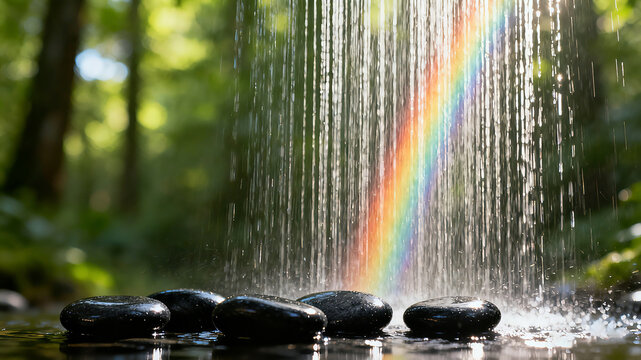 The waterfall in the forest pours and splashes rainbow water onto the black stone, representing the concept of soothing healing, deep hydration, and skin stabilization skincare
