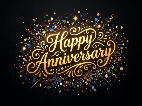 Beautiful golden happy anniversary text with sparkling fireworks and confetti celebration design