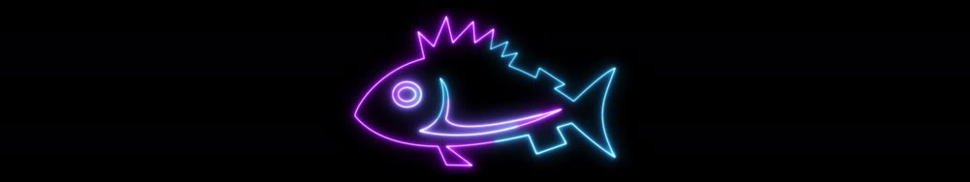 Ultrawide Neon Fish Icon Animation Futuristic Glowing Seafood Symbol Wide Banner Background Loop.