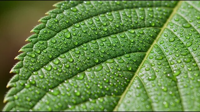 Close-up of green leaf with dew drops, nature background