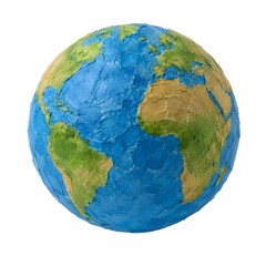Fototapeta premium A globe is displayed showing the shapes of different continents in green and brown while the oceans are blue. This model represents Earth in a simple way