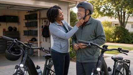 Fototapeta premium E Bike Safety African American Daughter Helping Her