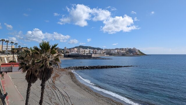 View of a coastline of the beach and peninsula of Almina behind of palm trees in Ceuta, Spain