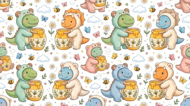 Whimsical pattern of happy dinosaurs wearing bear costumes with honey pots, bees, and blossoms