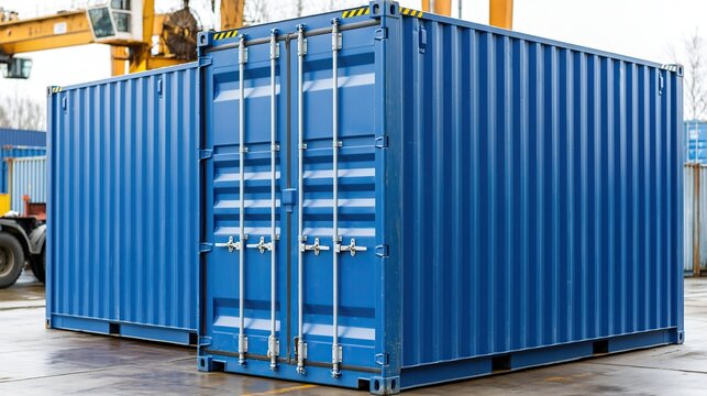 New bright blue painted steel shipping cargo container on industrial port yard ready for global freight transportation and logistics shipping business