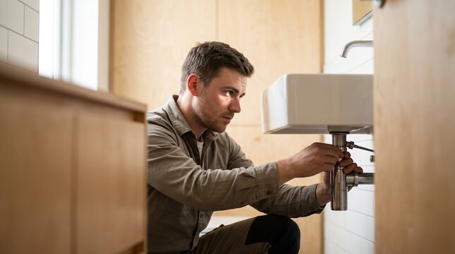 plumbing plumber fixing bathroom sink as a handyman service, adjusting faucet connections under the basi