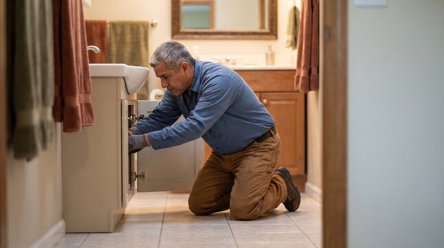 plumbing plumber fixing bathroom sink with precision, experienced handyman providing professional service while adjusting faucet and ensuring seamless plumbin