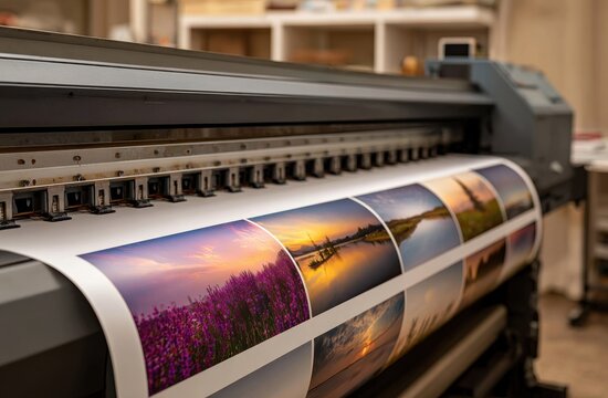Large format inkjet printer producing high resolution landscape photo prints in a professional workshop
