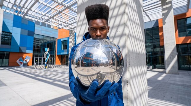 Young Man Holding Reflective Sphere in Modern Courtyard