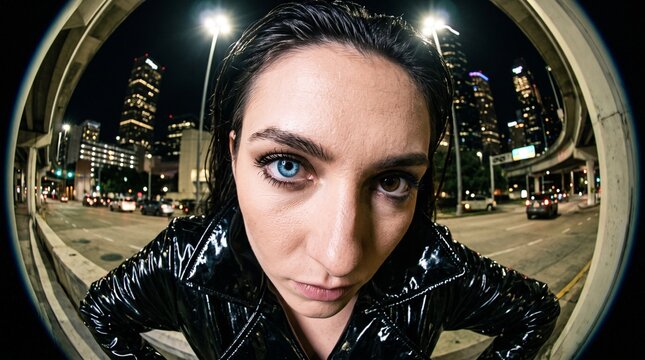 Woman Taking Selfie on Urban Street at Night