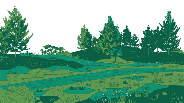Illustrazione vettoriale di un paesaggio naturale con alberi di conifere e prato verde, stile grafico piatto con tonalit&agrave; di verde su sfondo bianco, ideale per design editoriale o web.