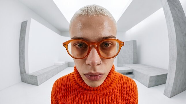 Person in Orange Sweater Wearing Thick-Rimmed Glasses in Futuristic Corridor
