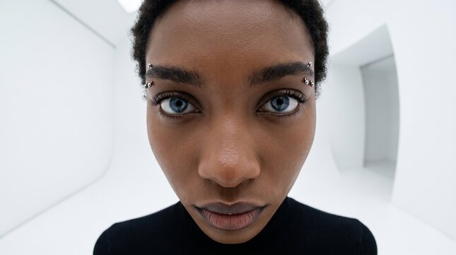 Young Woman with Eyebrow Piercings Looking at Camera