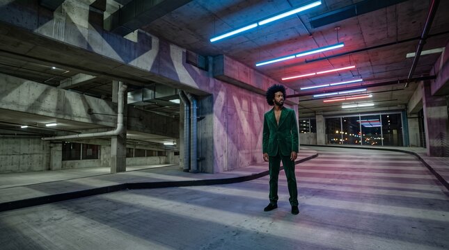 Man in Green Suit Standing in Modern Parking Garage at Night