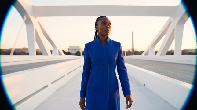 Professional Woman Standing on Modern Bridge at Sunset