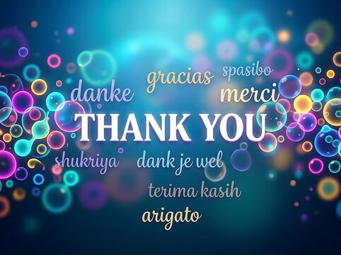Colorful thank you card with multiple languages and bubbly background design for appreciation messages