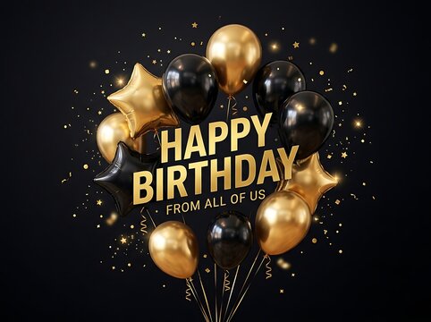 Golden and black birthday balloons with stars and glitter for celebration wishes card design