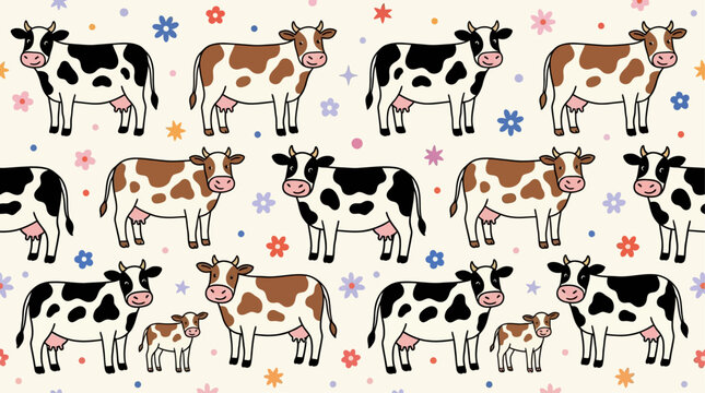 Trendy hand drawn vector illustration featuring a cute cow and calf standing together, artistic minimalist bovine cattle drawing, adorable mother and baby farm animal portrait sketch.