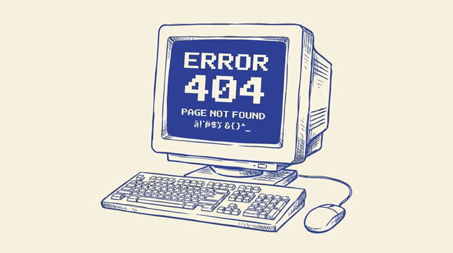 Vintage retro desktop computer old CRT monitor display showing error 404 message text on screen representing obsolete nostalgic hardware failure and glitchy legacy technology.