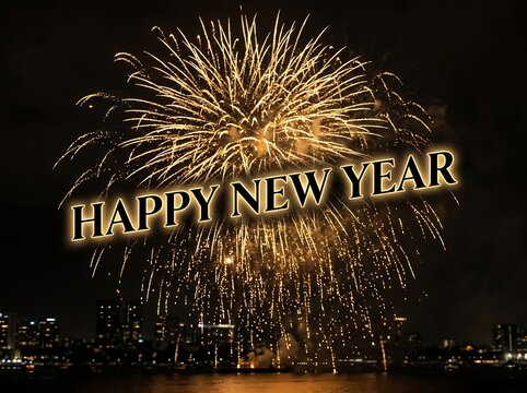 Spectacular golden fireworks exploding over city skyline with happy new year greeting message
