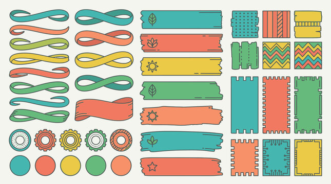 Zestaw kolorowych element&oacute;w dekoracyjnych w stylu doodle, zawierający wstążki, ramki, znaczniki, kropki oraz geometryczne wzory do projekt&oacute;w graficznych i scrapbookingu na jasnym tle.