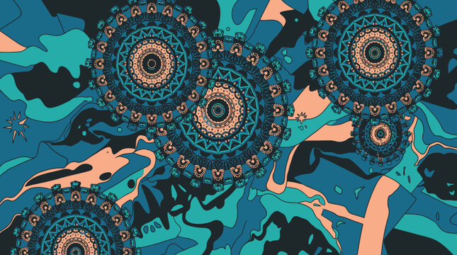 Sfondo astratto con motivi mandala decorativi in tonalit&agrave; blu, turchese e pesca, caratterizzato da forme geometriche intricate e un design fluido e artistico per progetti creativi.