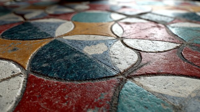 Close-up of a weathered, colorful tile floor. Circular and organic shapes interlock with visible wear and texture